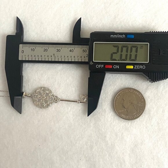 Sterling Silver 925 JCM Floral Filigree Diamond Heart Key Pendant Necklace 18" - Picture 14 of 16